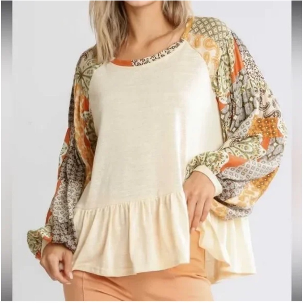 Umgee Boho Hippie Mixed Print Long Balloon Sleeve Ruffle Hem Top-Women Medium